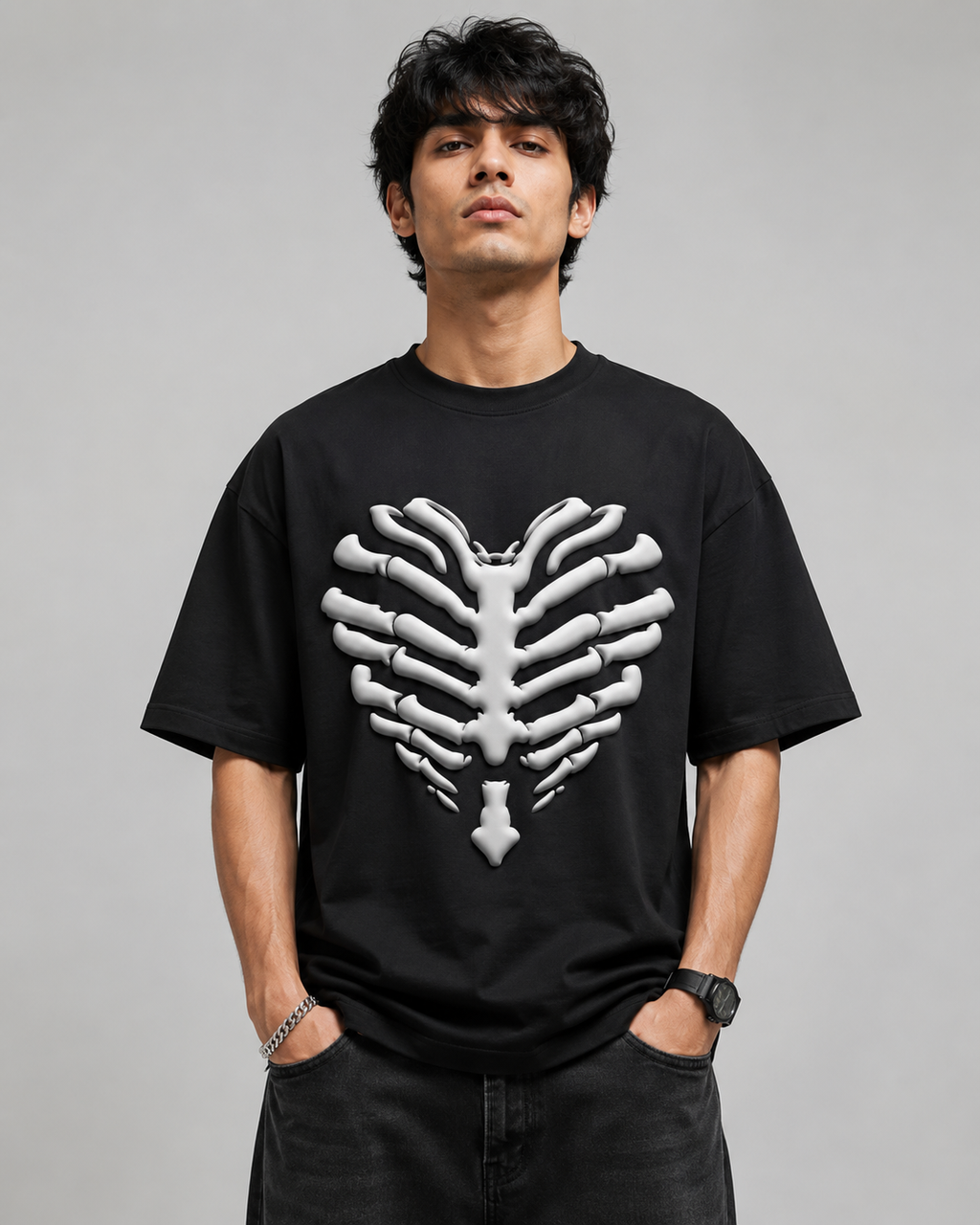 Skeleton Ribcage Puff Print  Oversized T-Shirt